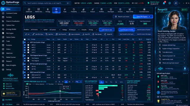 OptionForge interface concept for Multi-leg trading workspace